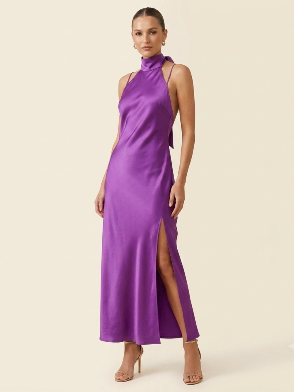 RW&CO. Purple Satin Halter Maxi Dress with Side Slit